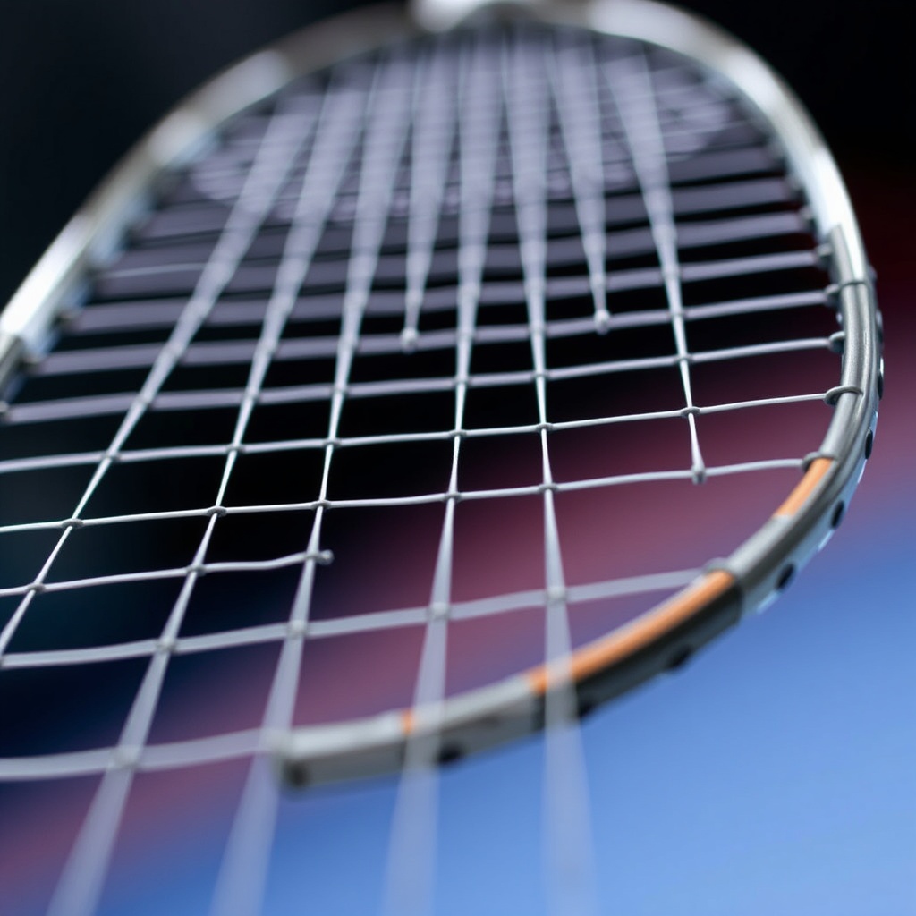 라켓 스트링의 격자 구조와 텐션 변화에 따른 공의 반발력 차이를 설명하는 이미지