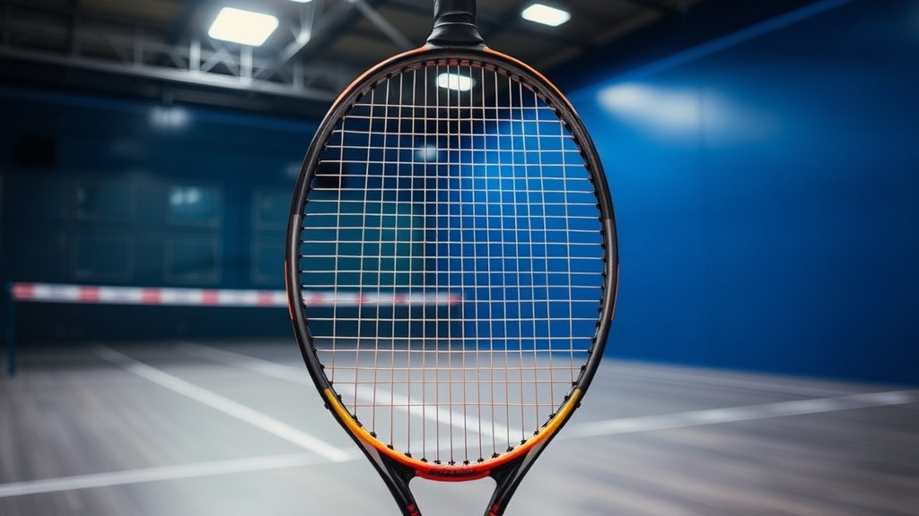 조명이 켜진 스쿼시 코트에서 티어드롭 형태 라켓의 길게 뻗은 스트링 베드를 보여주는 장면