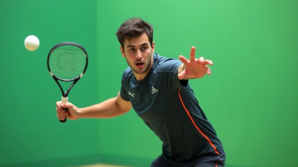 정교한 샷을 시도하는 스쿼시 선수의 집중하는 모습