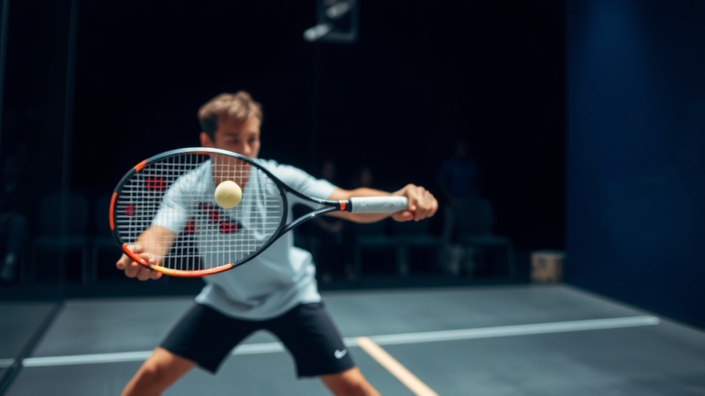 스쿼시 경기 중 선수가 라켓의 스위트 스팟을 정확히 맞추기 위해 스윙을 준비하는 역동적인 모습