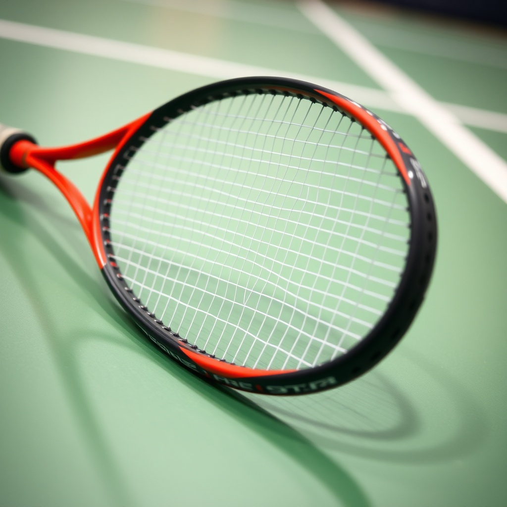 스쿼시 코트 바닥에 놓여 있는 폐쇄형 쓰로트 라켓의 브릿지 부분 상세 모습