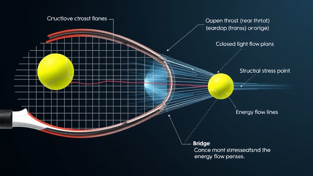 스쿼시 공이 라켓 스트링에 부딪힐 때 발생하는 프레임의 미세한 변형과 에너지 전달 과정을 보여주는 도식